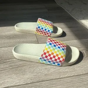 Vans Shoes Vans Rainbow Checkered Slides Size Juniors Poshmark